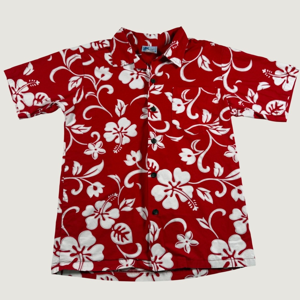 vtg RJC Hawaiian Shirt Kids 14 Red White Hibiscus Floral Cotton Made in Hawaii